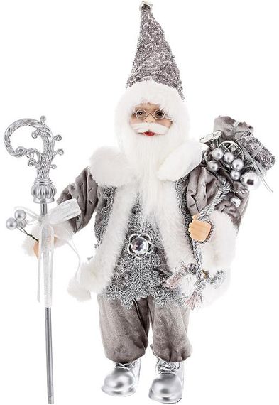 Інтерєрна новорічна фігурка Santa з подарунками та палицею 30см срібло з паєтками