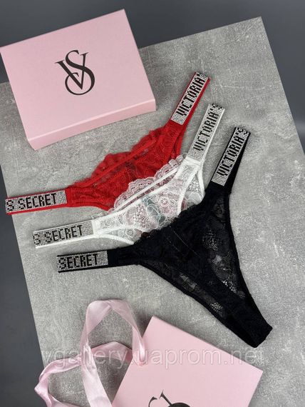Комплект кружевных женских стрингов со стразами Victoria's Secret - 3 шт на выбор, трусики-стринги Виктория Сикрет L-кружевные | Зображення 2