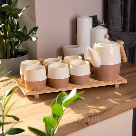 Чайний сервіз на 6 персон з бамбуковою підставкою коричневий HP-15-21 | Зображення 5