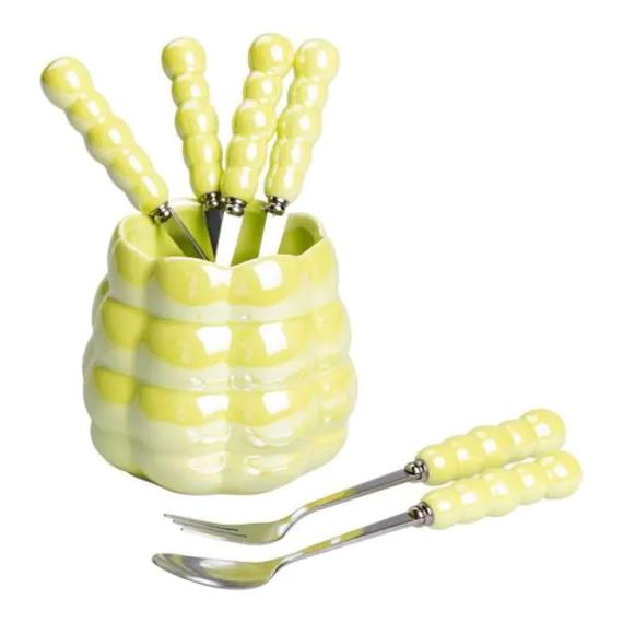 Набор десертных вилок и ложек на 3 персоны с подставкой из фарфора 7 предметов Зеленый HP-20-58 | Зображення 1