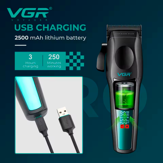 Аккумуляторная машинка для стрижки VGR V-195 GREEN, 8 насадок, 9000 RPM, 2500 mAh, LED дисплей | Зображення 4
