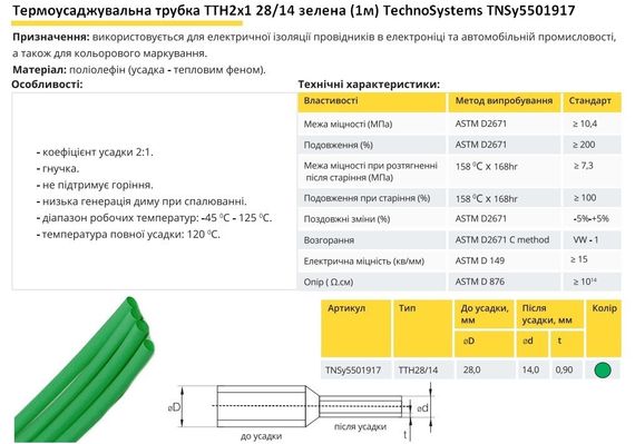Термоусадочна трубка ТТН2х1 28/14 зелена 1 метр Ny95501917 | Зображення 1