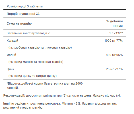 Calcium Magnesium Zinc - 100caps | Зображення 1