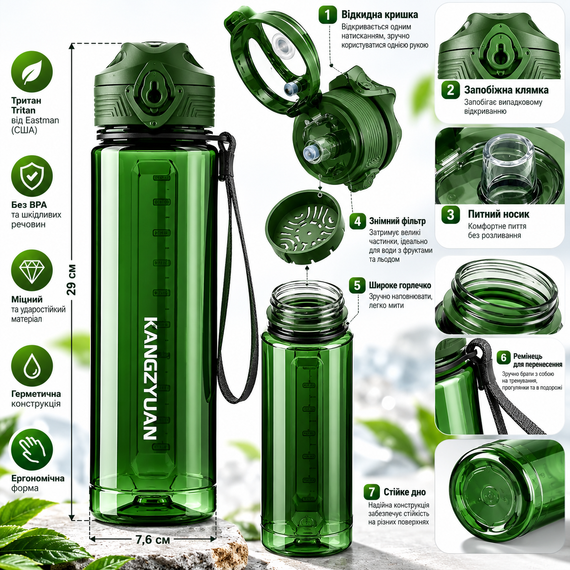 Бутылка для воды KANGZYUAN 500 мл зеленая, спортивная из тритана Tritan, BPA Free, ударопрочная, герметичная, с ремешком | Зображення 7