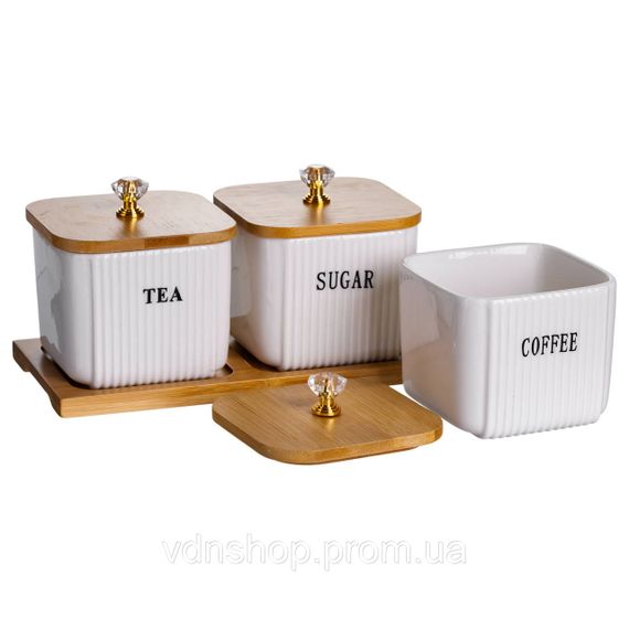 Набір порцелянових квадратних банок для сипучіх на підставці 3 шт. по 350 (мл) для чаю кави цукру SCT-643 | Зображення 1