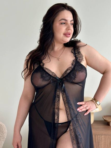 Довгий чорний пеньюар із сіточки та мереживом PLUS SIZE | Зображення 2