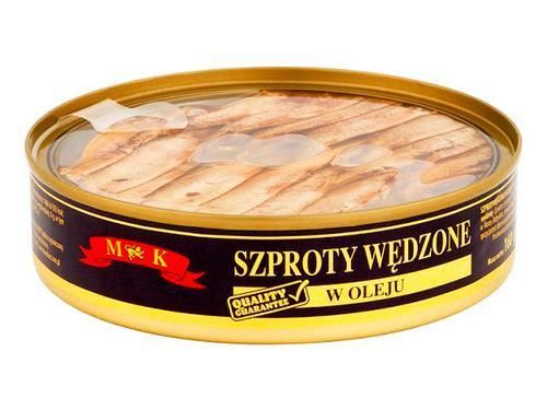 Шпроты цельные в масле MK, 160 г, Польша, ж/б с прозрачным окном