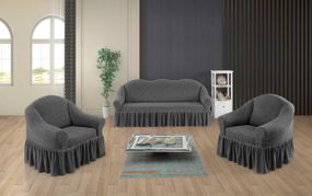 Жакардовий чохол на диван + 2 крісла Stone з спідницею темно-сірий