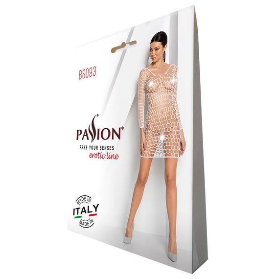 Бодістокінг-сукня з глибоким коміром Passion BS093 white, довгі рукави | Зображення 3