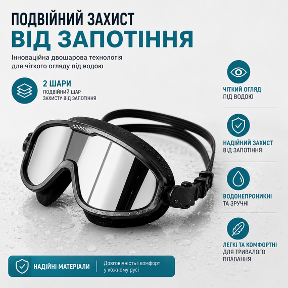 Набір для плавання JUNHAIINS 4 в 1: маска (дзеркальні HD лінзи, антифог), беруші, затискач, чохол, чорний | Зображення 3