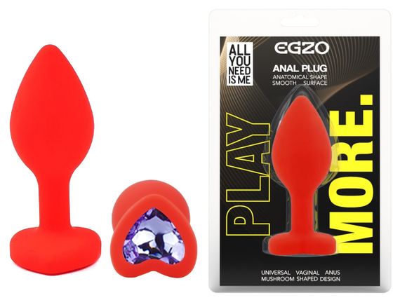Силиконовая анальная пробка EGZO - Silicone Red Heart Plug Amethyst, size S Sex Aura