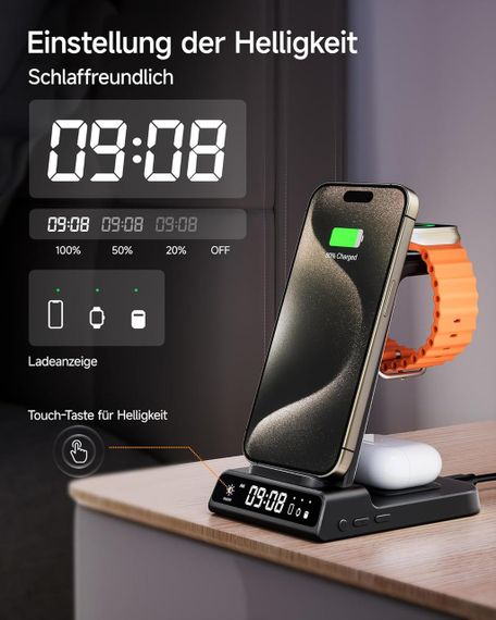 Беспроводная зарядная станция 3в1 для iPhone 16/15/14/13/12 Pro, Apple Watch AirPods Pro/4/3/2 быстрая зарядка | Зображення 2