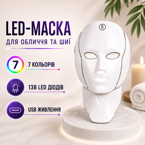 Світлодіодна LED-маска для обличчя та шиї (138 LED, 7 кольорів) — прилад для фототерапії, від акне, зморшок і розширених пор, USB