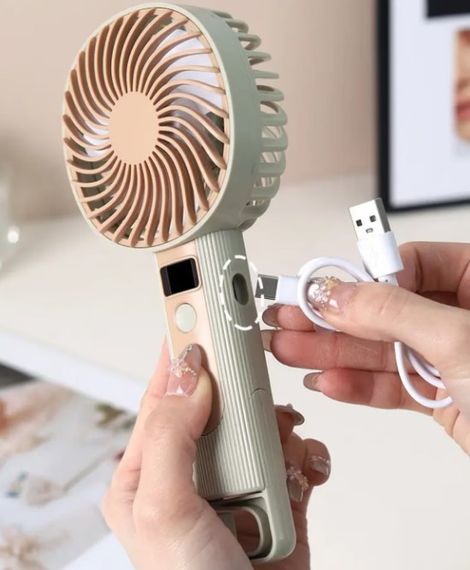 Портативний ручний вентилятор Handheld Fan FY083 пластиковий з підставкою та гачком LED дисплей 120 швидкостей 1 Вт Бежевий | Зображення 5