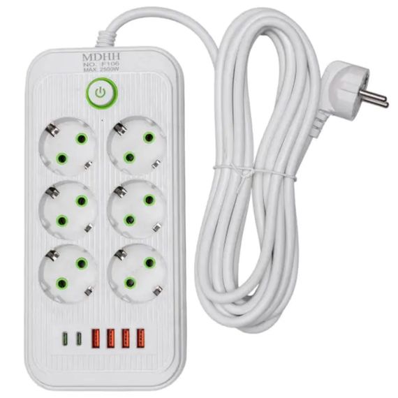 Мережевий фільтр-подовжувач 6 розеток 4xUSB-A 2xUSB-C 5м білий  HP-5-53 | Зображення 1