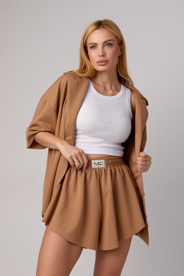 Трикотажный костюм с шортами клеш и рубашкой oversize - коричневый цвет, M (есть размеры) | Зображення 2
