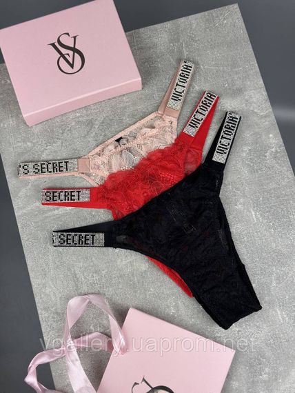 Подарунковий набір жіночих мереживних трусиків Victoria's Secret (3 шт) бразиліана зі стразами в брендовій коробці ХЛ | Зображення 3
