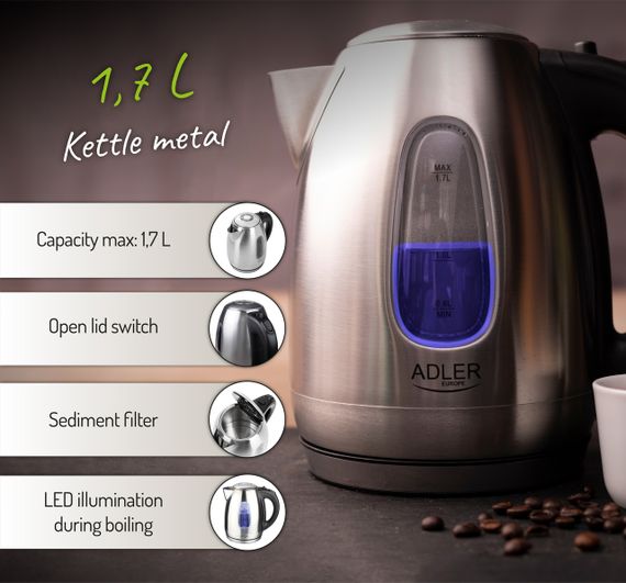 Електрочайник з нержавіючої сталі Adler AD 1223, 1,7 л, 2200 Вт, з підсвіткою | Зображення 7