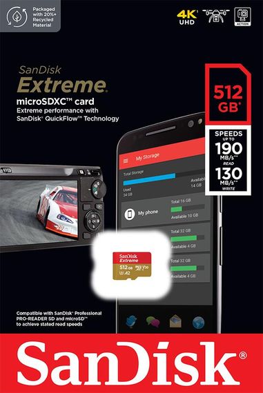 Карта пам'яті SanDisk microSD 512GB C10 UHS-I U3 R170/W80MB/s Extreme V30 (SDSQXAV-512G-GN6MN) | Зображення 1