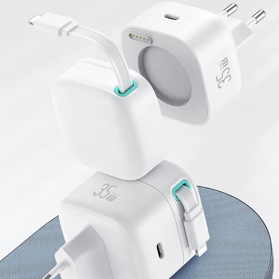 МЗП Usams US-CC209 GaN With Lightning Magnetic Retractable Cable Module XMF Ser. 35W (2USB-C) White | Зображення 1