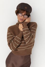 Короткий в'язаний светр у смужку із блискавкою на горловині - коричневий цвет, ONE SIZE (є розміри)