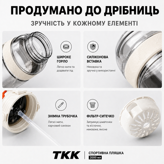 Спортивная бутылка TKK 2000 мл, Tritan (BPA-free), белая. Ударопрочная бутылка с трубочкой и ремешком для фитнеса и тренировок | Зображення 3