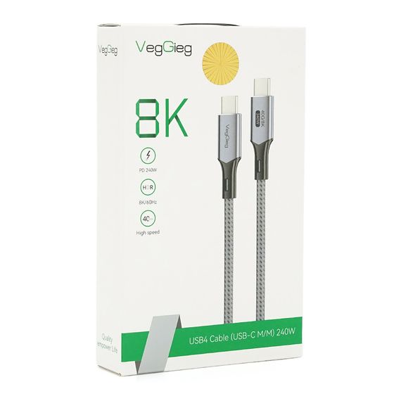 Кабель VEGGIEG V-U410, Type-C(Male) to Type-C(Male) PD cable, 240 Вт, струм 5 А, 40Gbps, Gray, довжина 2м, Box | Зображення 2