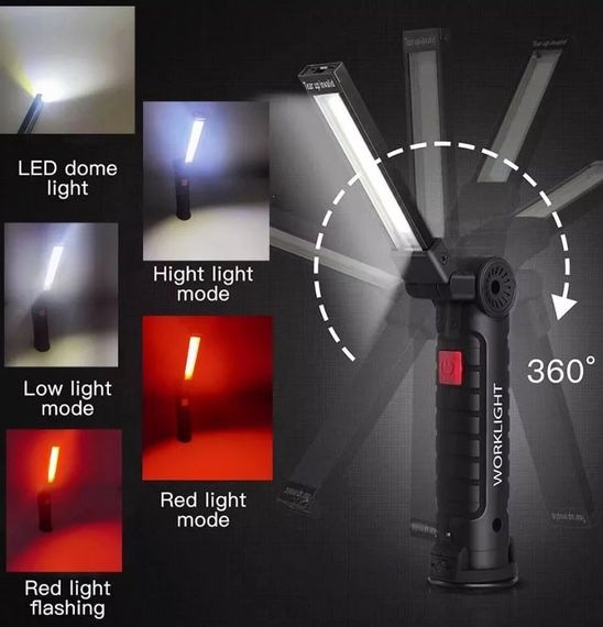 Світильник з червоним та білим світлом WORKLIGHT W-52 з магнітом та гачком ліхтар акумуляторний 18650 | Зображення 7