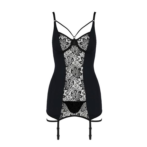 Сорочка приталена з пажами PAULINE CHEMISE black L/XL Passion, трусики | Зображення 5