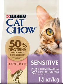Сухий корм Purina Cat Chow Sensitive для дорослих котів із чутливою шкірою та травленням, лосось 15кг