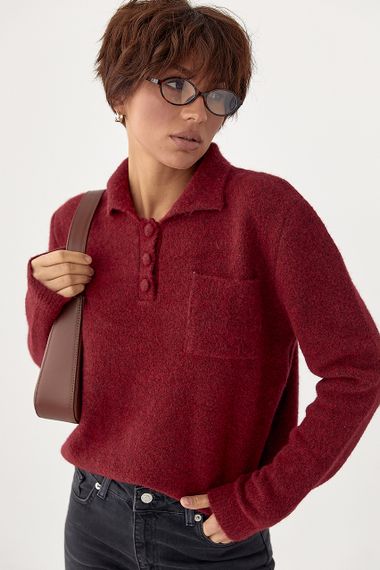 Тепла кофта-поло з накладною кишенею - темно-червоний цвет, ONE SIZE (є розміри) | Зображення 4