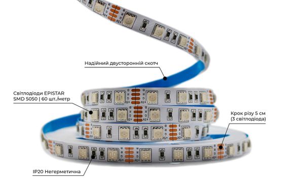 Світлодіодна LED стрічка PROLUM™ 5V 5050\60 IP20 Series "S" RGB | Зображення 1