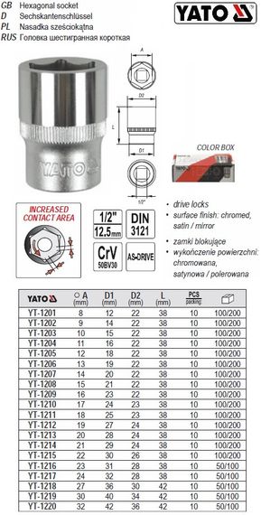 Головка 6-гранна коротка 1/2" М32х42 мм Польща YATO YT-1220
