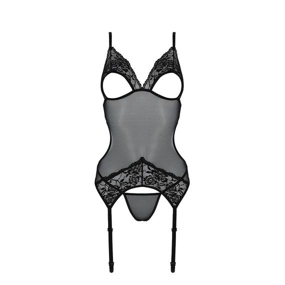 Корсет із підв’язками та ажурним ліфом Christa Corset black L/XL — Passion, стрінги в комплекті | Зображення 4