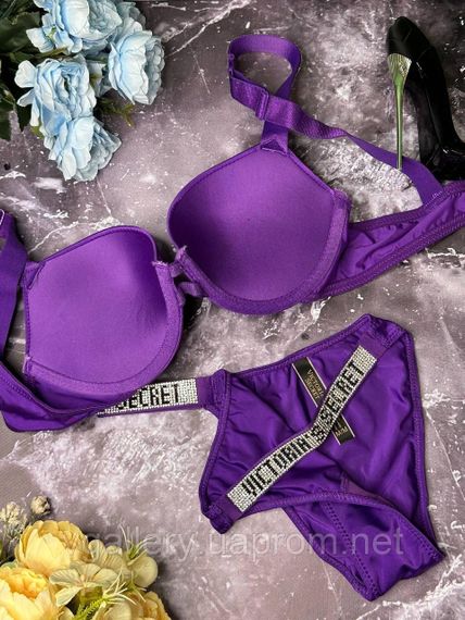 Женское нижнее белье Виктория Сикрет? Сексуальный фиолетовый комплект белья со стразами M, 75B, Синий | Зображення 2