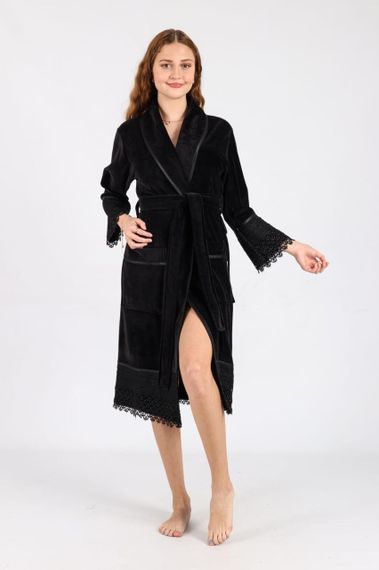 Жіночий халат Nusa 0535 велюровий з мереживом чорний 2XL | Зображення 2