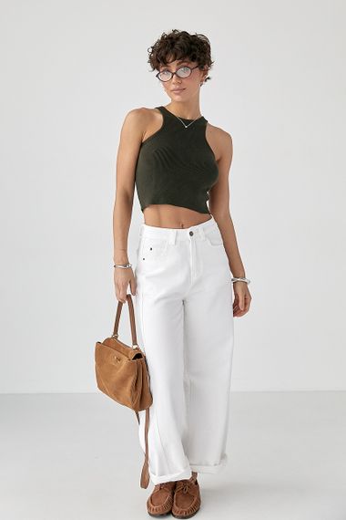 В'язана коротка майка в рубчик - хакі цвет, ONE SIZE (є розміри) | Зображення 2