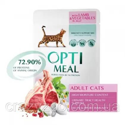 Консерва для дорослих котів OptiMeal Adult Cat ягня й овочі в желе 85 г B2711202 | Зображення 1