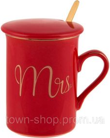 Кружка фарфоровая Coffee Prelude "Mrs" 380мл с крышкой и ложкой, красная BD-984-210