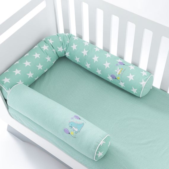 Защитные бортики-валики в детскую кроватку 2 шт ТM PAPAELLA 60х15 см, 120х15 см хлопок звезда/горошек ментол
