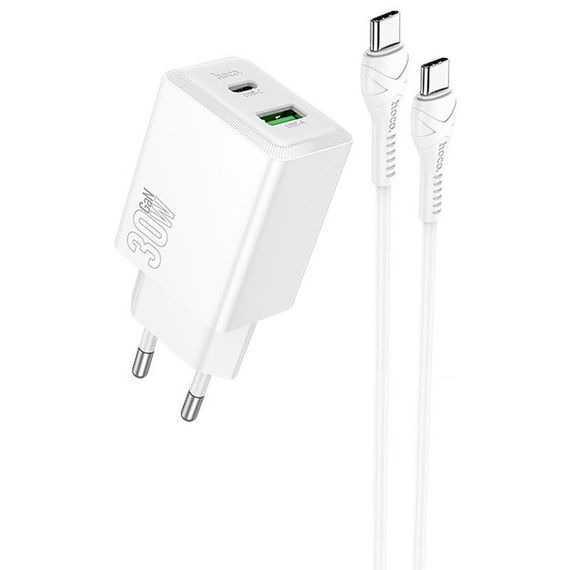 МЗП Hoco N71 Nuevo PD30W+QC3.0 (1USB-A/1C) + кабель Type-C to Type-C White