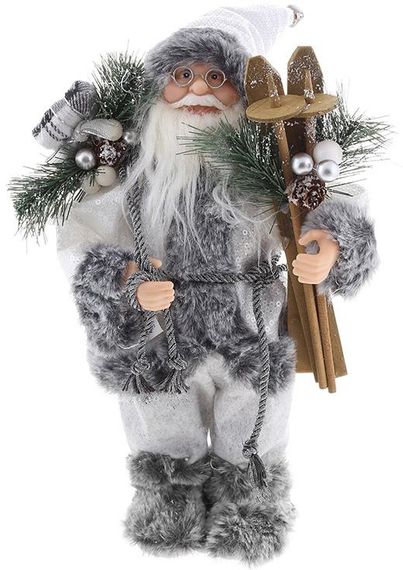 Інтерєрна новорічна фігурка Santa з подарунками та лижами 30см сірий