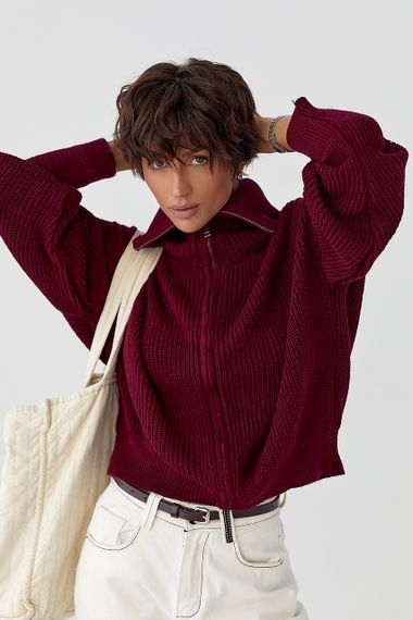 В'язаний жіночий кардиган на блискавці - бордо цвет, ONE SIZE (є розміри) | Зображення 4