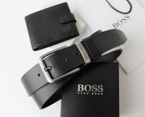 Мужской подарочный набор Hugo Boss ремень и кошелек black | Зображення 1