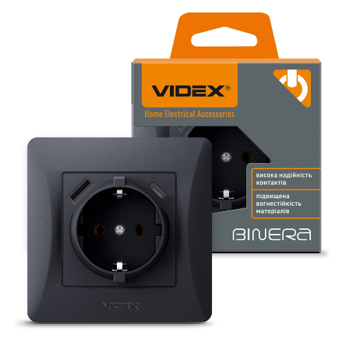 BINERA чорний графіт Розетка внутрішня +USB+Type-C із заземленням Videx | Зображення 1