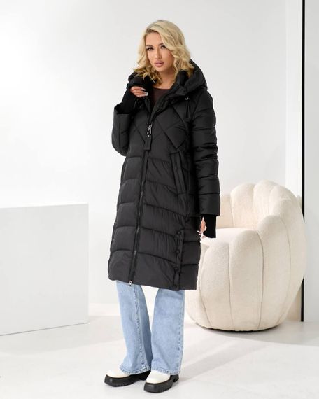 Пуховик жіночий чорний зимовий довгий стьобаний люкс якість | Зображення 8