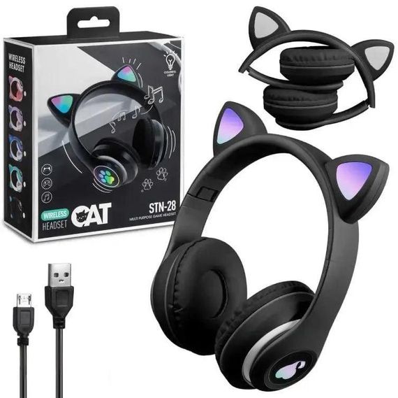 ОЧЕНКА! Дитячі навушники LED з котячими вушками Cat Ear STN-28 Чорні (Плохе паковання 3051)
