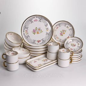 Столовый набор посуды тарелок и чашек 32 предмета на 6 персон "Золотой Кант" фарфоровый TH-32