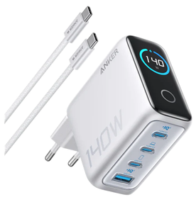 Мережевий зарядний пристрій Anker Laptop GaN Charger 140W, 3xUSB-C PD3.1 & 1xUSB-A w Display and Cable Silver