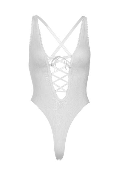 Мереживне боді Leg Avenue Floral lace thong teddy White, шнурівка на грудях, one size | Зображення 7